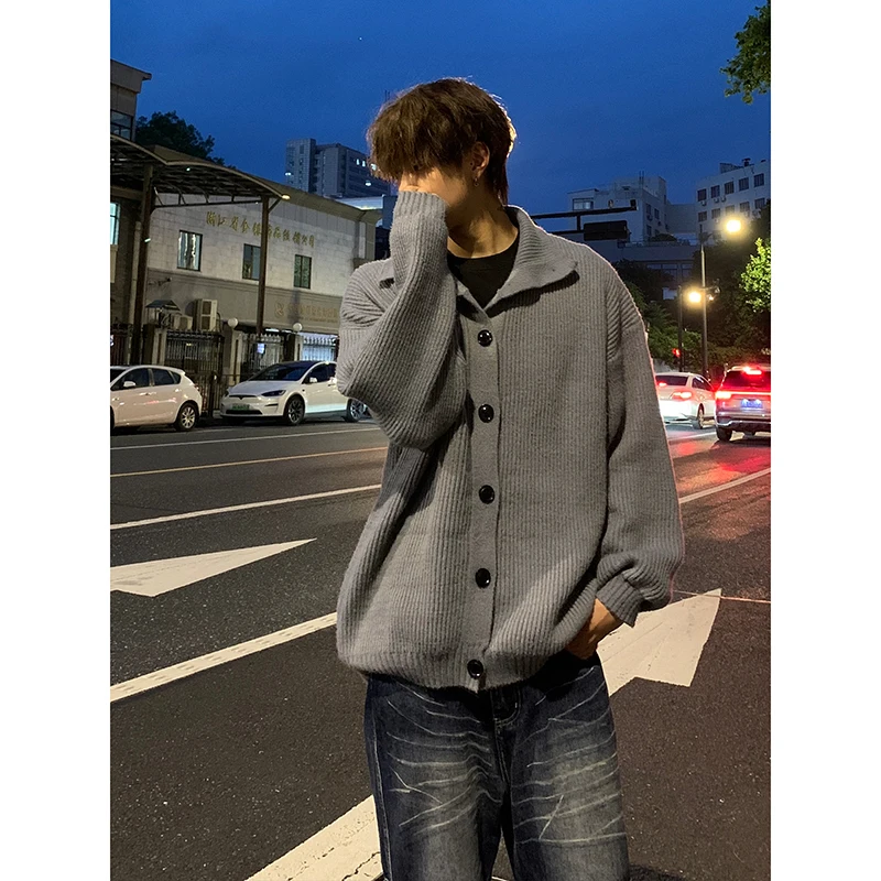 Solid Cardigan Sweater Men Korean Lazy Leisure Knitted Sweaters Hip Hop Streetwear Loose Simple Knitwear Coat Male Clothes