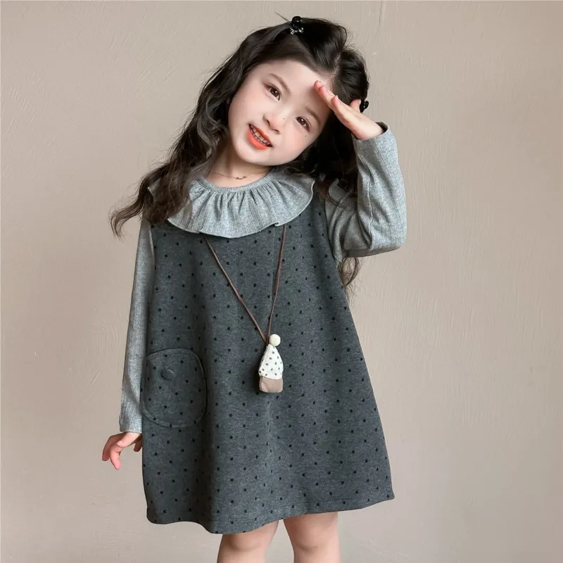 

Korean Children Girls 2PCS Clothes Set Autumn Lapel Kid Girl Undershirt Outfit Pocket Dot Print Infant Babys Girls Sundress Suit