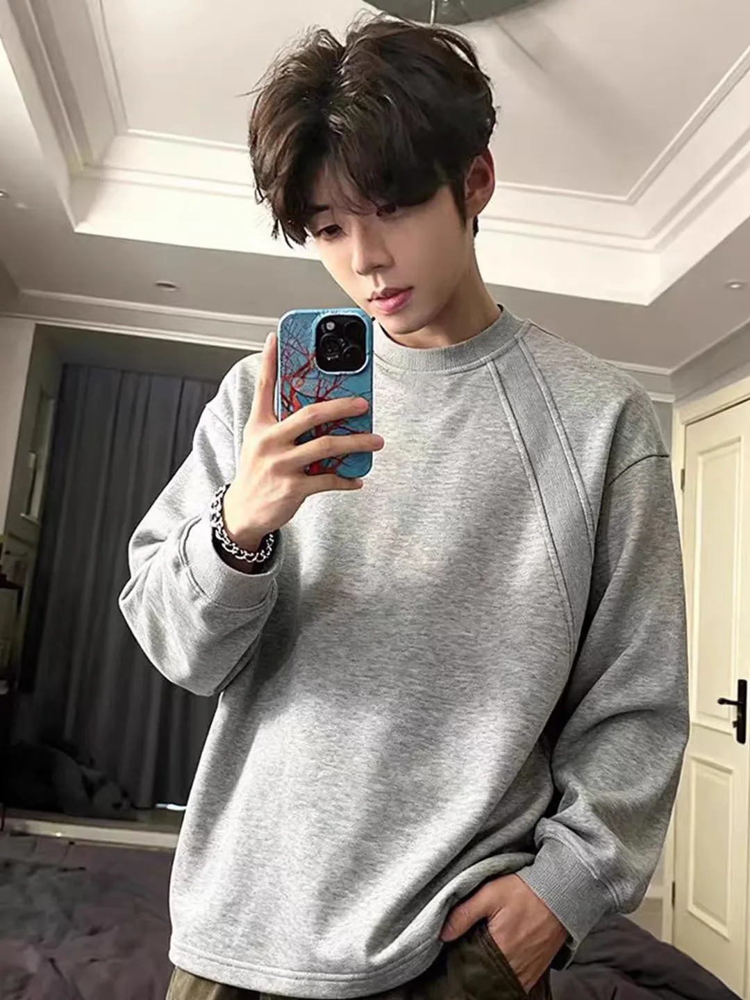 Men's Grey Long Sleeve T-Shirt round Neck Sweatshirt Heavyweight Deconstructed Shoulder Base Shirt Casual Fashion Autumn Winter