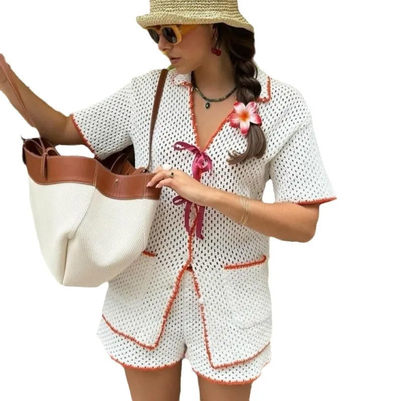 Women's Knit Two Piece Set Short Sleeve Button Up Shirt Contrast Trim Shorts Hollow Out Beachwear Summer Vacation Casual