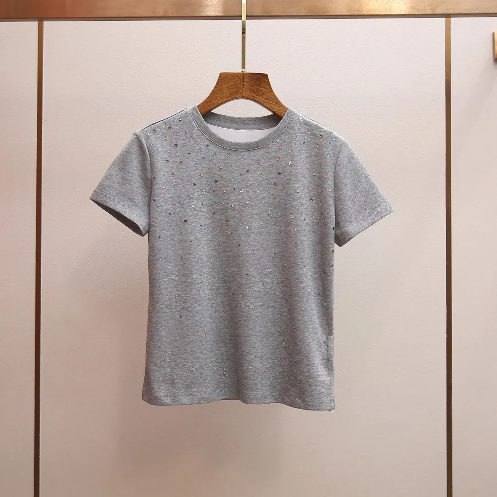 

Серая женская футболка с круглым вырезом в французском стиле, высококачественная летняя футболка с коротким рукавом и стразами