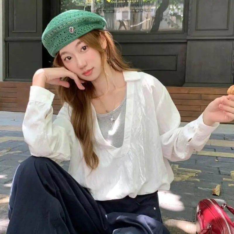 

Модная женская рубашка с отложным воротником и длинным рукавом: новая, популярная, качественная, милая, мягкая, удобная, повседневная, весенне-летняя, оверсайз футболка