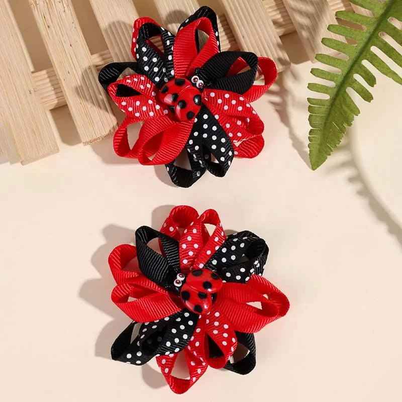 ncmama 2Pcs Bee Ladybug Flower Hair Clip Ribbon Flower Hairpin for Kids Girls Cute Dot Print Barrettes Headwear Hair Accessories