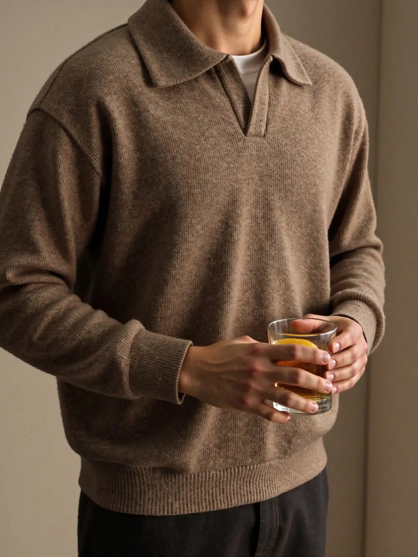 

Men's Earthy Brown Knit Pullover with Collar, Long Sleeve Casual Sweater for Autumn Winter
