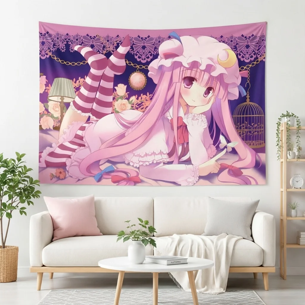Anime Tapestry Kawaii Pink Lolita Girl Wall Hanging Cute Cartoon Aesthetic Wall Tapestry Bedroom Decor Home Background Cloth