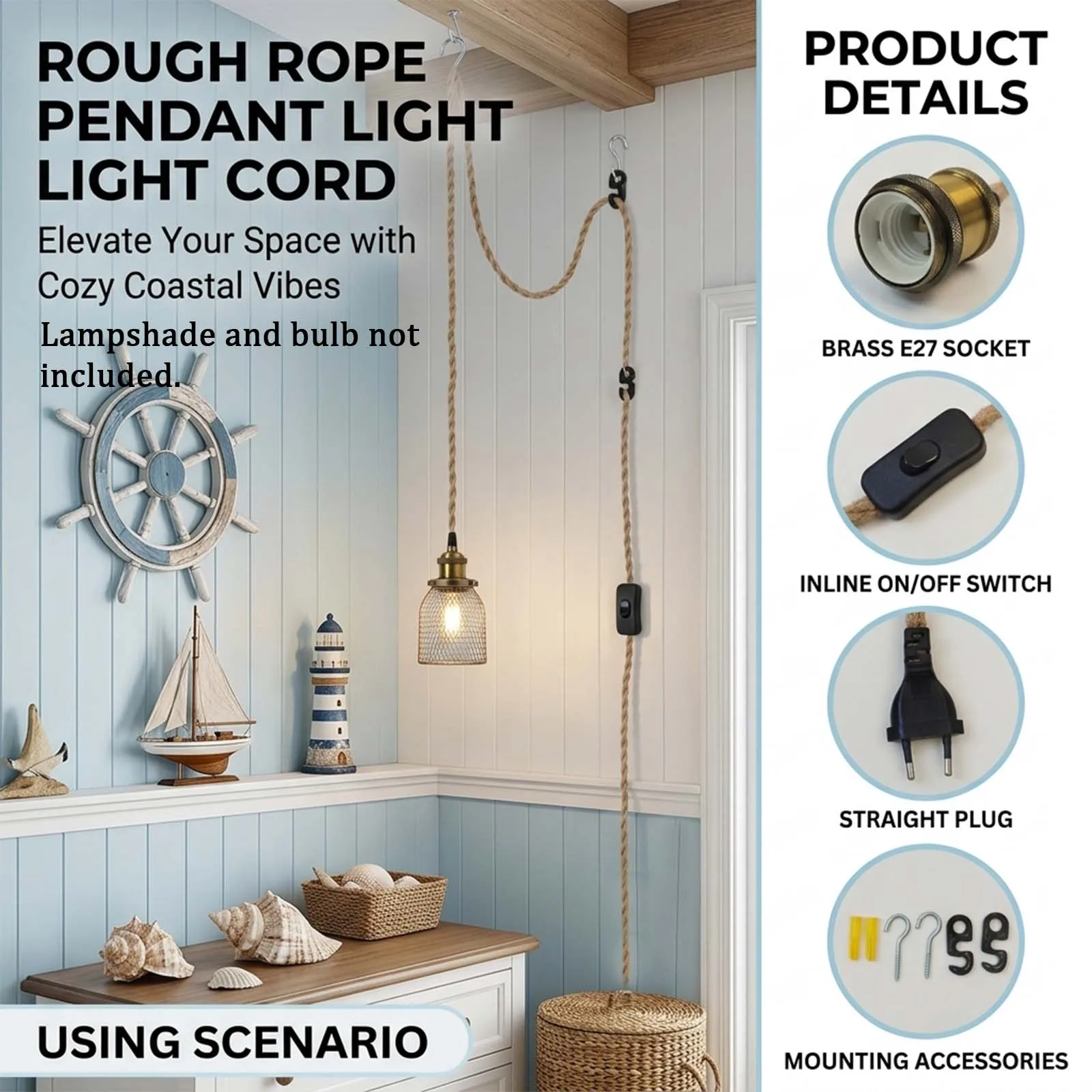 Braided Rope Hanging Lamp Wire with Antique Gold E27 and Inline Switch with Black EU Plug for Cafe Reading Nook