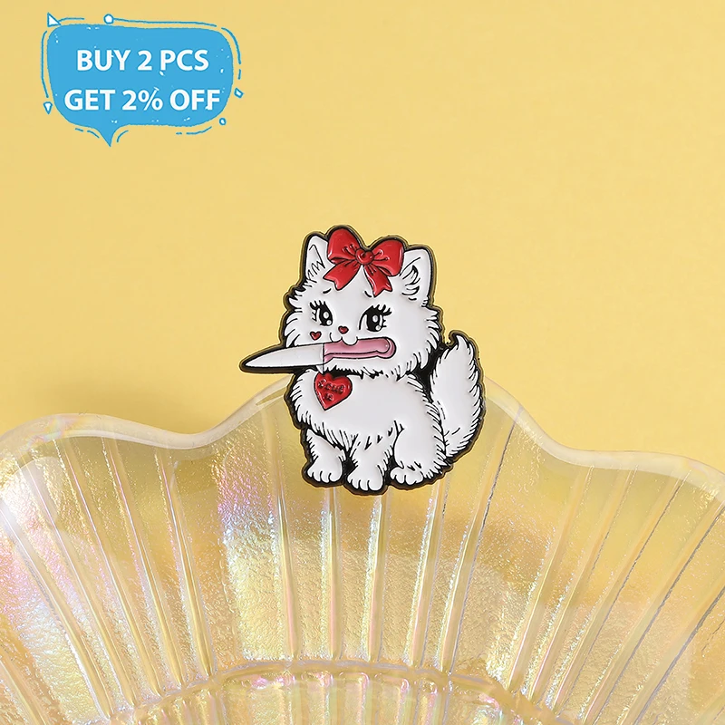 Cute Cat Knife Enamel Pins Cat Princess Bow Metal Brooches Fashion Lapel Badge Backpack Clothes Jewelry Gift for Friends