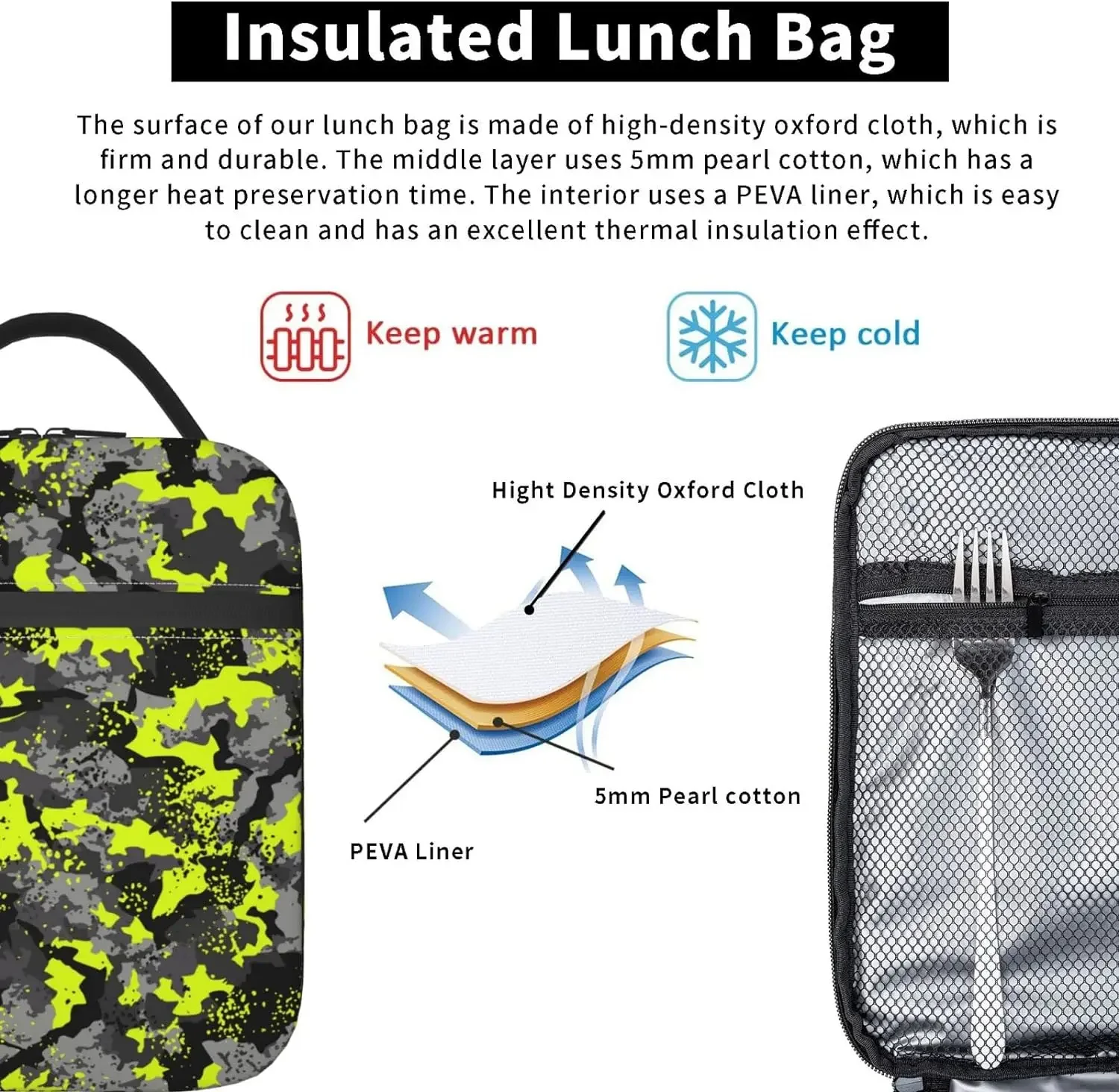 Camouflage Hunting Texture Military Camo Durable Waterproof Insulated Lunch Bag Reusable Cooler Thermal Tote Lunch Box Picnic