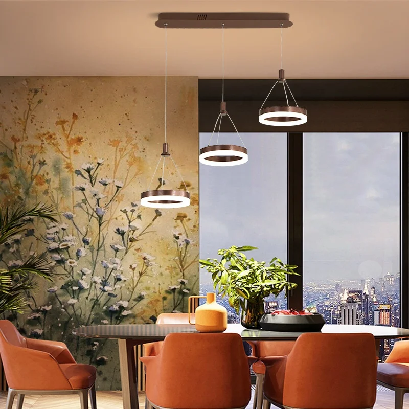 

Simple Round Restaurant Lighting Led Chandeliers Villa Three Color Temperature 0-10v Dimmable 3 Heads Living Room Pendant Lights