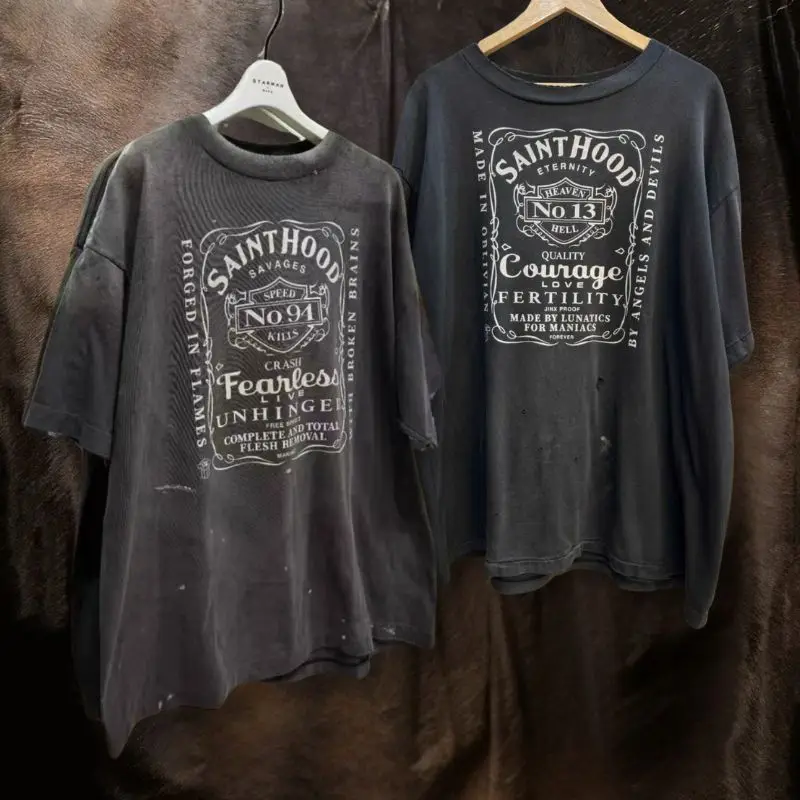 Summer Vintage Black Tops Saint Tshirts Cotton Washed Hole Letter Winged Skeleton Demon Print Short Sleeve Street Men Women Tees