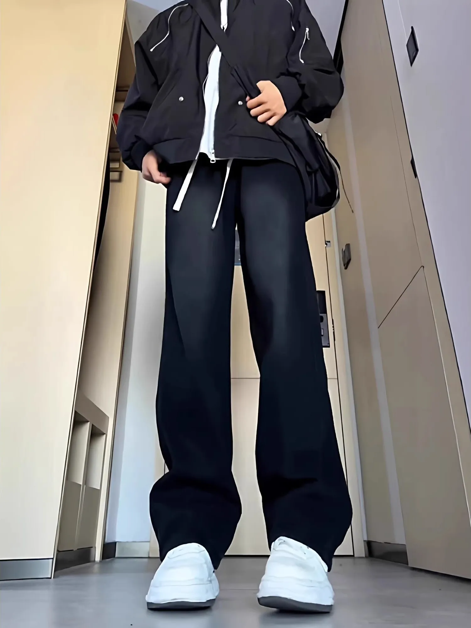 

Мужские джинсы American Sle свободного кроя с прямыми штанинами, черные, с эластичным поясом на шнурке, осенне-зимние, на флисовой подкладке, универсальные