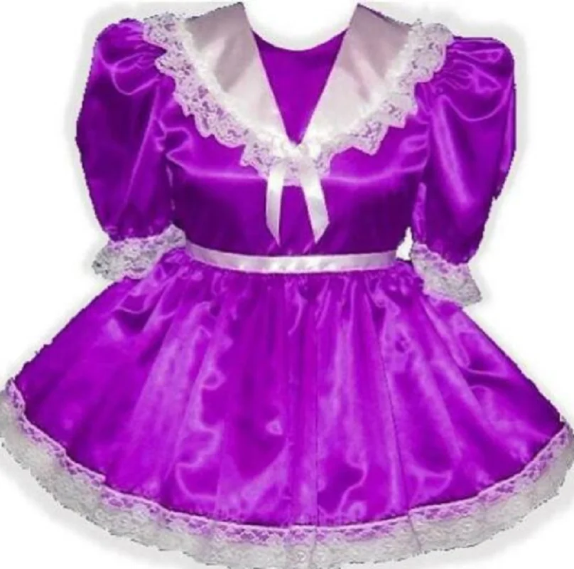 

Hot Selling Maid Slim Purple Satin White Lace Adult Sissy Dress L Clothing Customization