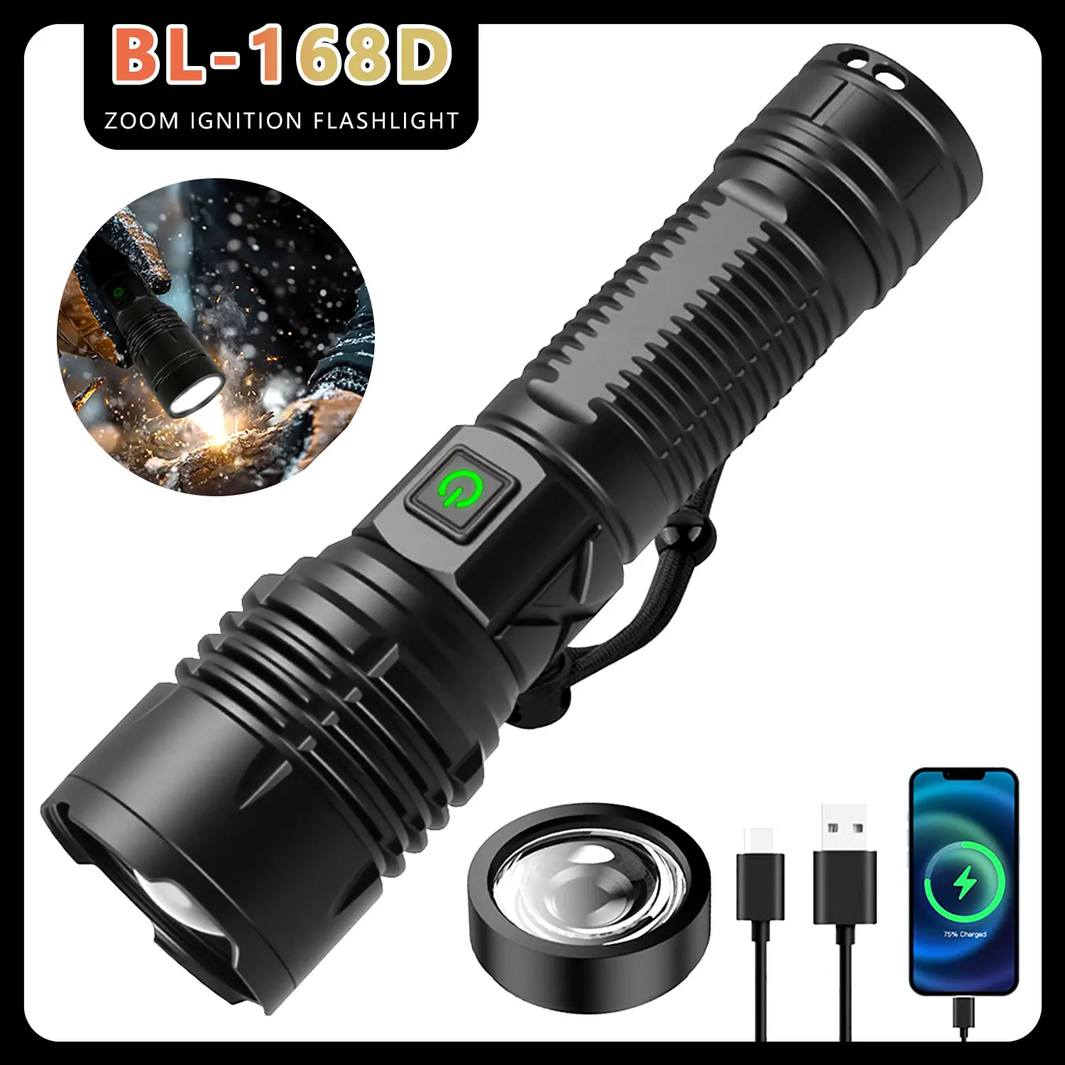 

Портативный светодиодный фонарик 40 Вт с линзой зажигания, 5 режимов освещения, телескопический зум, перезаряжаемый фонарик 26650, аккумулятор, оконный выключатель