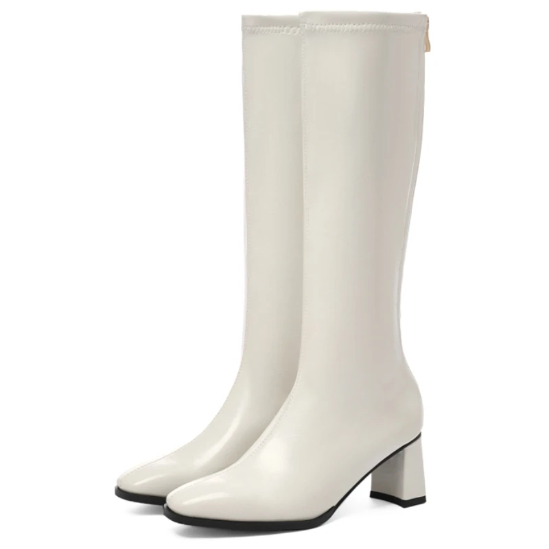 

Женские сапоги до колена, элегантная осенне-зимняя обувь 2025 года, черно-белые длинные ботинки на каблуке, женская обувь на молнии, большой размер 45
