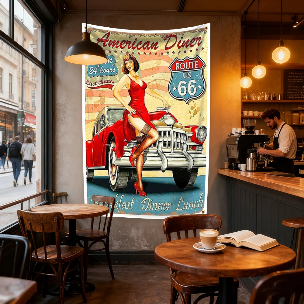 Route 66 Motorcycle Flag Polyester Digital Printing Tapestry Car Banner For Decor