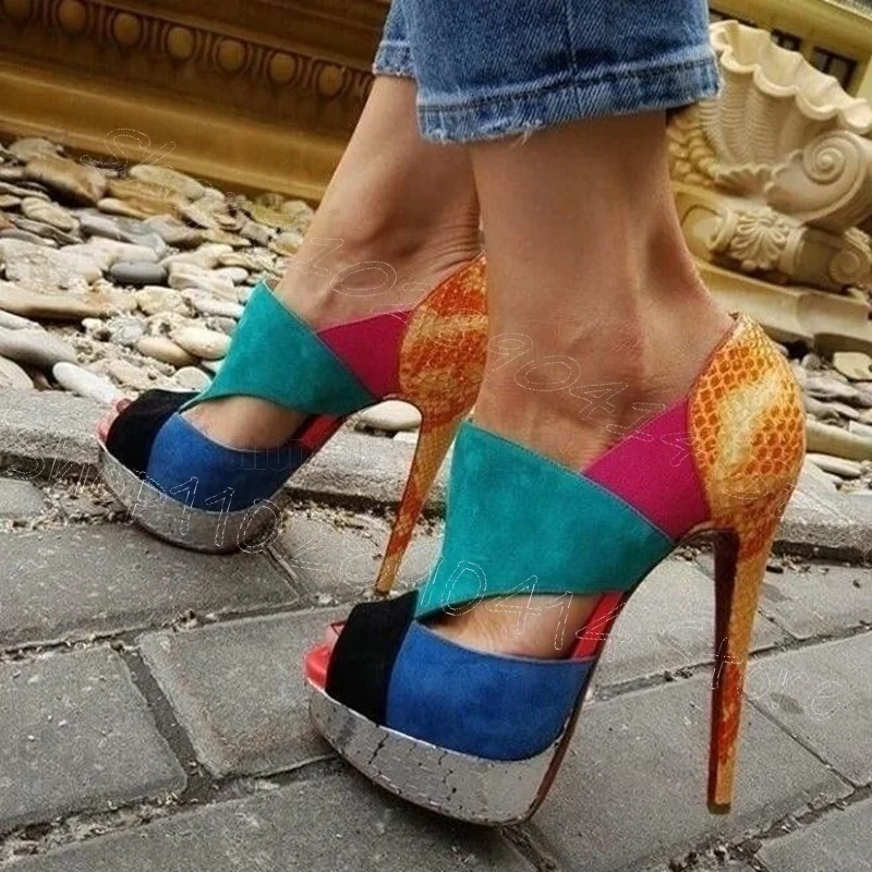 

Colorful Patchwork Snakeskin Print Platform Sandals Slip On Women Shoes Thin High Heels Peep Toe Party 2025 Zapatos Para Mujere