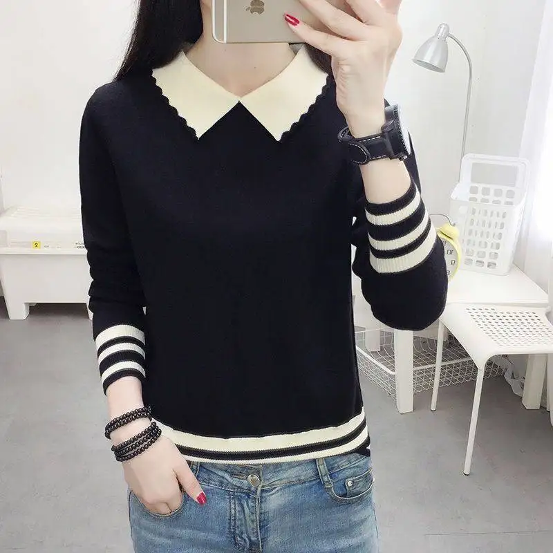 Damen-Strickpullover für Herbst und Frühling, lässiger und vielseitiger Damen-Strickpullover mit reiner Farbe und V-Ausschnitt, DF4924