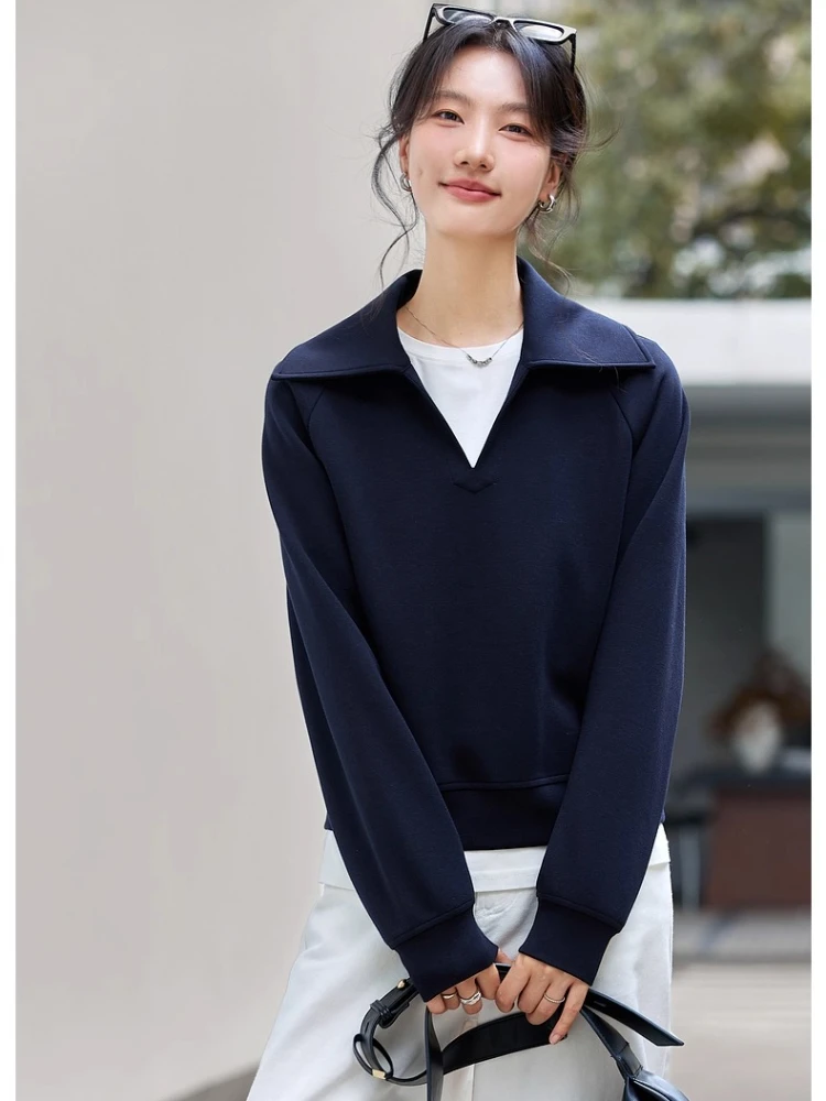 

VIMLY Sports Women Sweatshirts Autumn 2025 Navy Blue Knitted Female Sweatshirt Elegant Office Wear Polo Neck Ladies Tops A2220