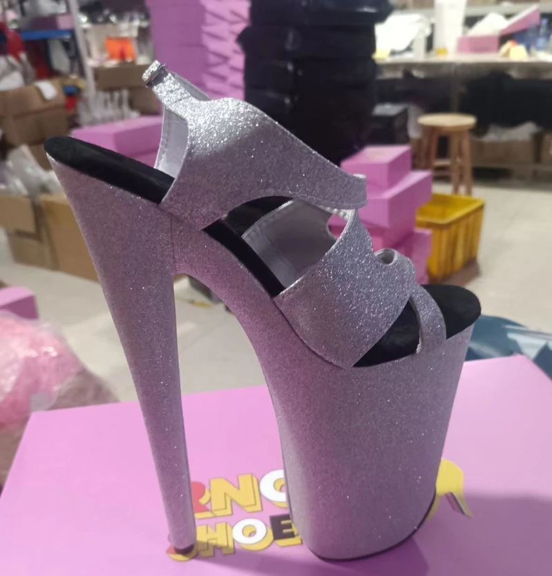 LAIJIANJINXIA New 9 inch High Heel Sandals Cross Sequined Shoes Fashion 23Cm Thin Heels Shoes Sexy Model Pole Dancing Shoes