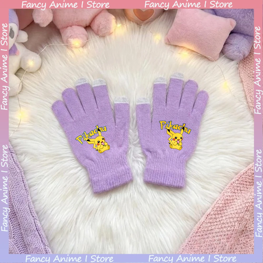 قفازات محبوكة لطيفة على شكل رسوم متحركة بيكاتشو تعمل باللمس للأولاد والبنات في الهواء الطلق لركوب الدراجات في الشتاء الدافئ للأطفال إكسسوارات هدايا