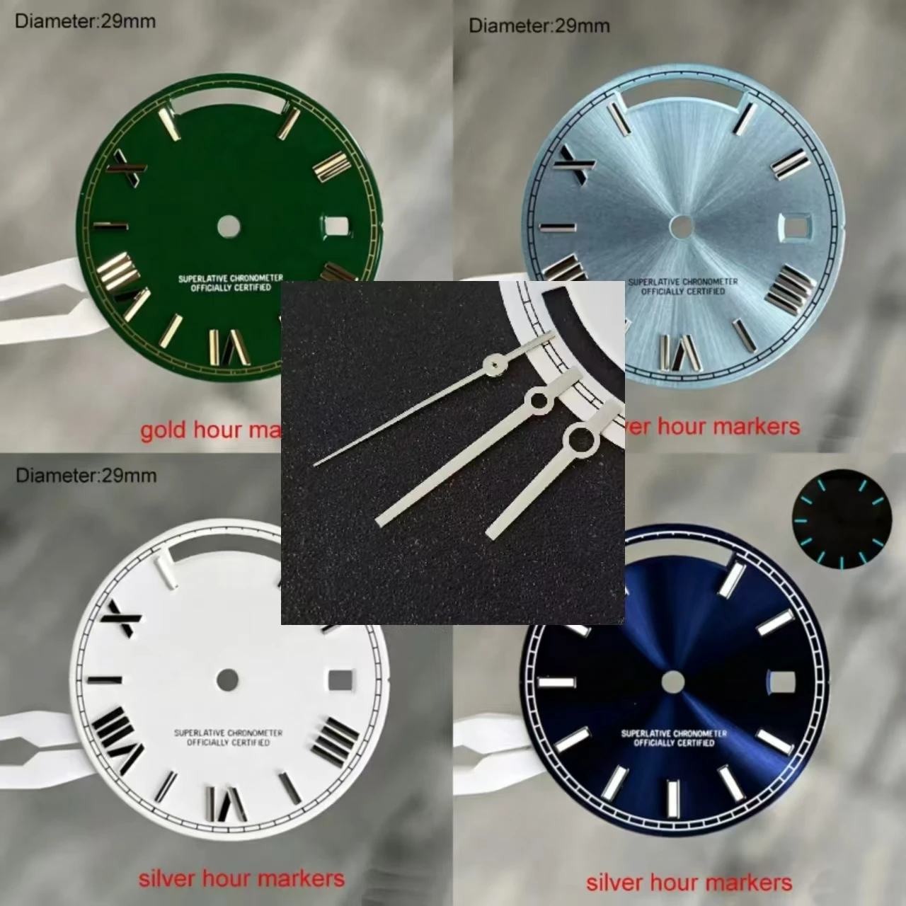29mm 8285 S Logo Dial Sunburst Silver Dial 8285 Blue-Green Luminous Hands for Miyota 8285 Movement Day...Date S Dial Watch Parts