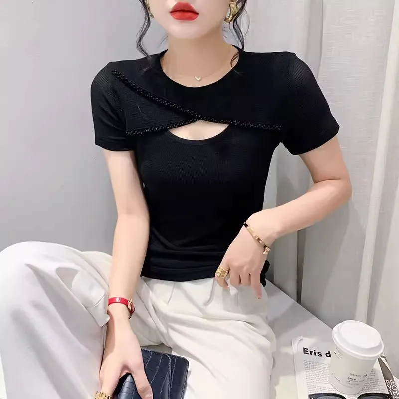 2025 Summer Designer Hollow Out Bead Spliced T-Shirt Women's Elegant Round Neck Short Sleeve Fashion Slim Mesh Tees Shirt image 3