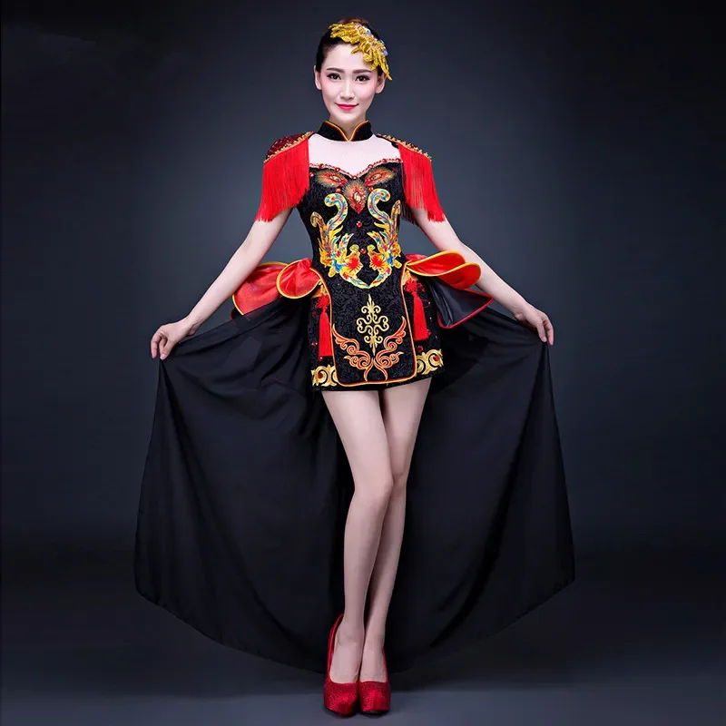 

Chinese drum team costume performance stage singer dancer clothing For Female Singer Women dress Dance Wear