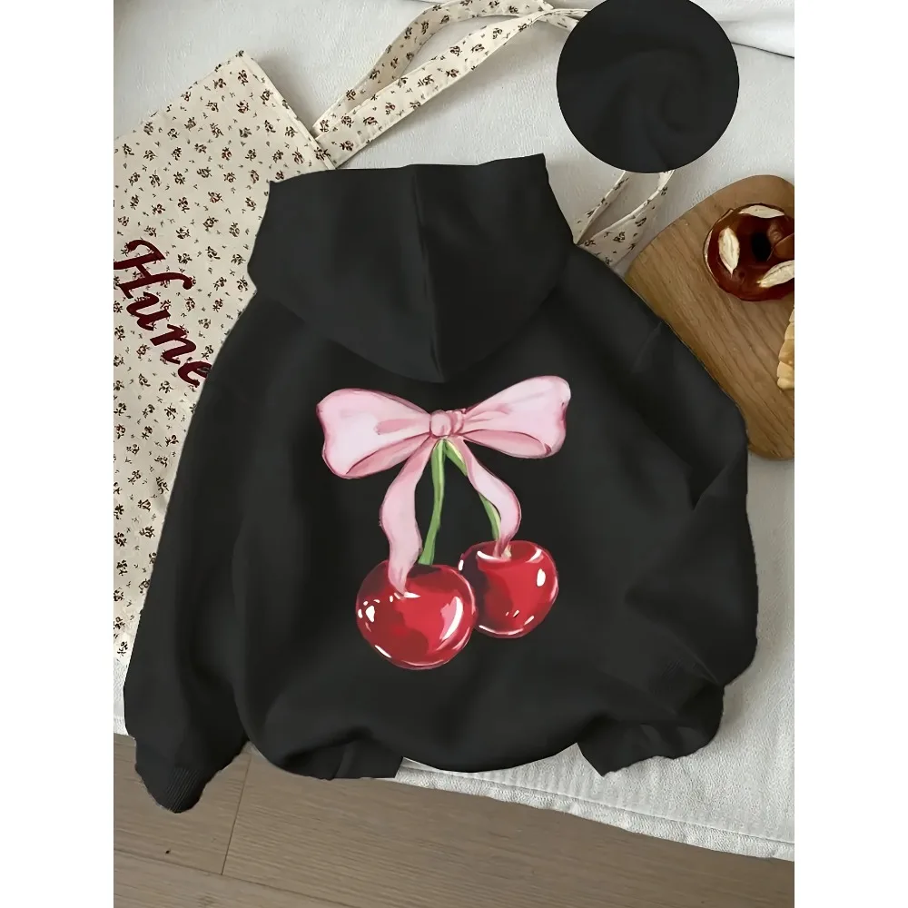 Bowknot Cherry Print Children's Hooded Sweater Girls Gentle and Fresh Long-sleeved Pullover