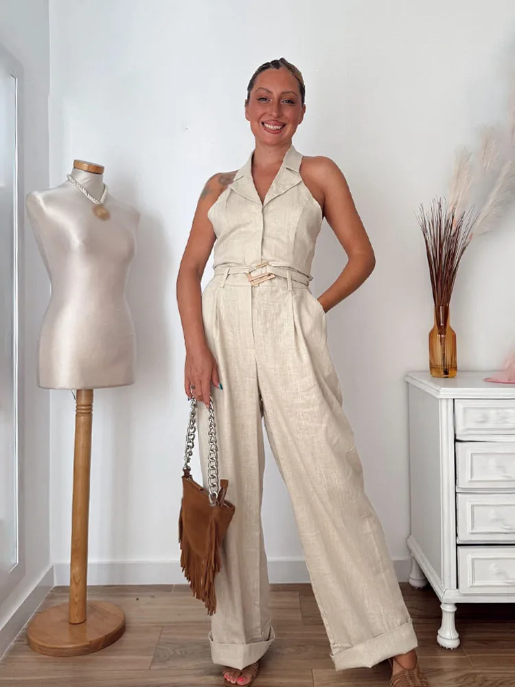 HH Female Autumn Fashion Single-Breasted Turn-Down Collar Belt Decoration Sleeveless Jumpsuits Woman Sexy Backless Jumpsuit