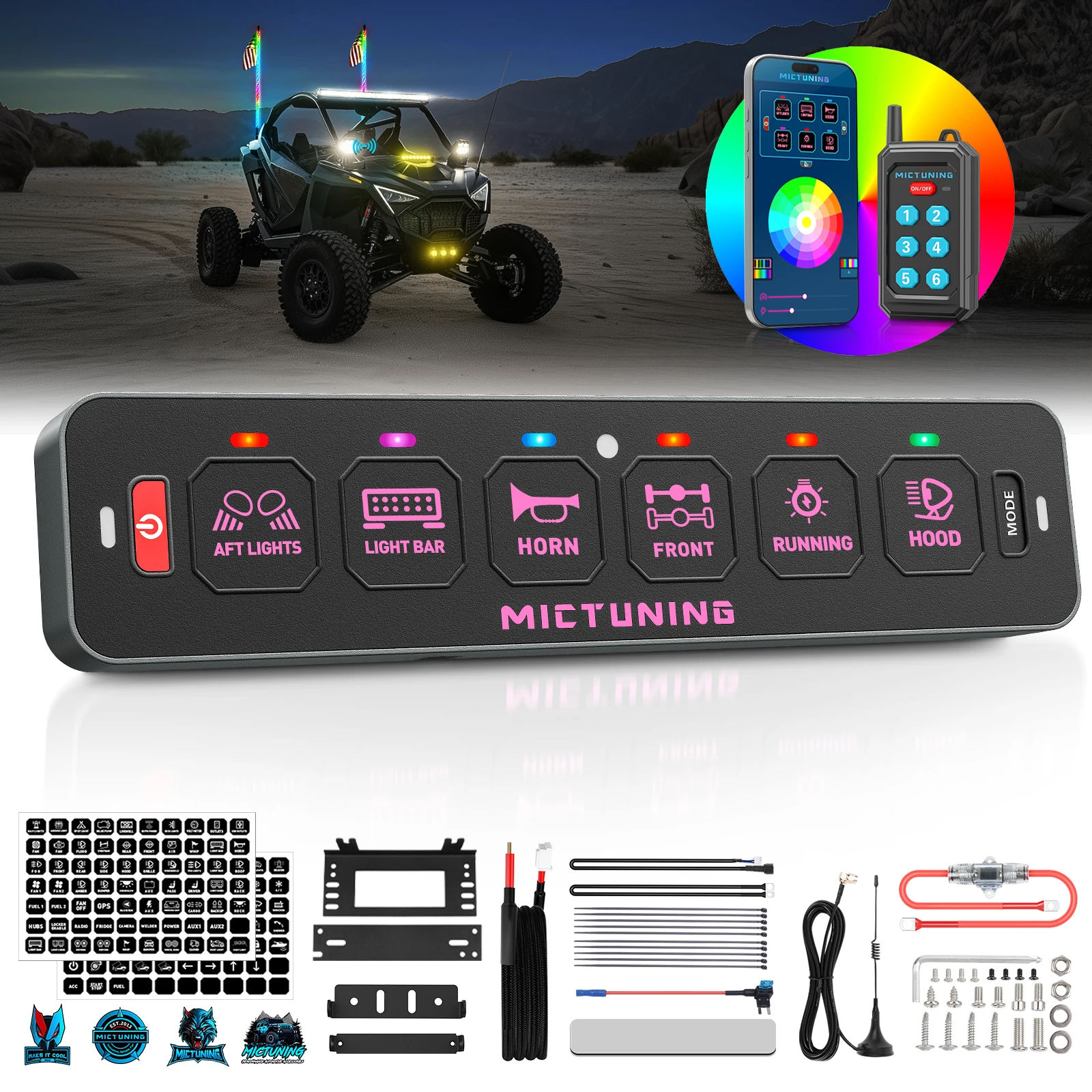 MICTUNING MS-R RGB 4/6 Gang Switch Panel with APP & Remote Control 230FT Range  12V/24V Toggle Momentary Strobe Flash  for Car