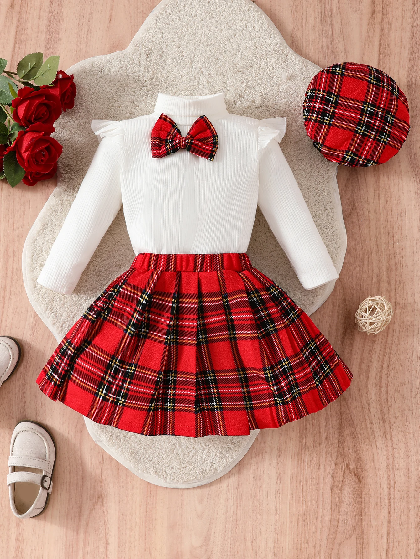 Baby girl design pleated sleeve bow design blouse + plaid A-line skirt + hat English style three-piece set