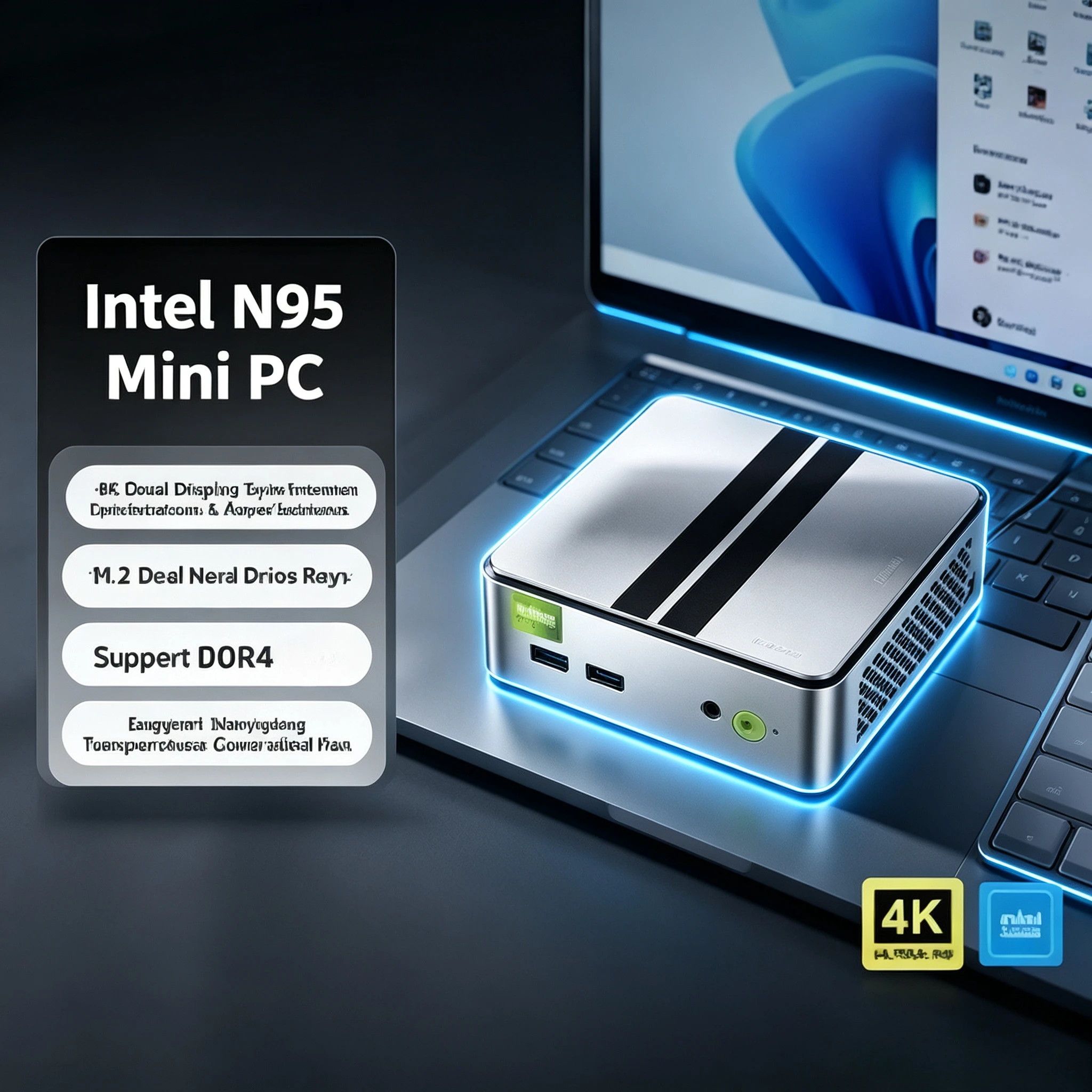 Intel N95 Mini PC Dual M.2 Slots 4K 8GB 128/256/256/512GB Supports Temperature-controlled Cooling Fan Desktop Computer