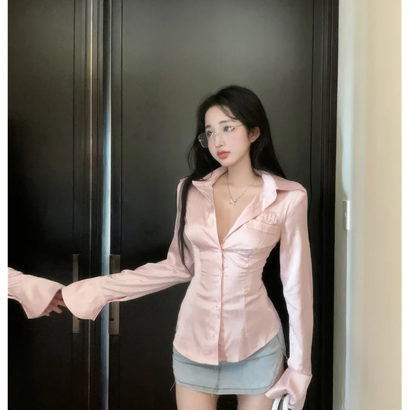 Spring Women Clothing Shirt French Simple Lapel Self Cultivation Pink Single Breasted Temperament Top Design Chic Vintage Blouse