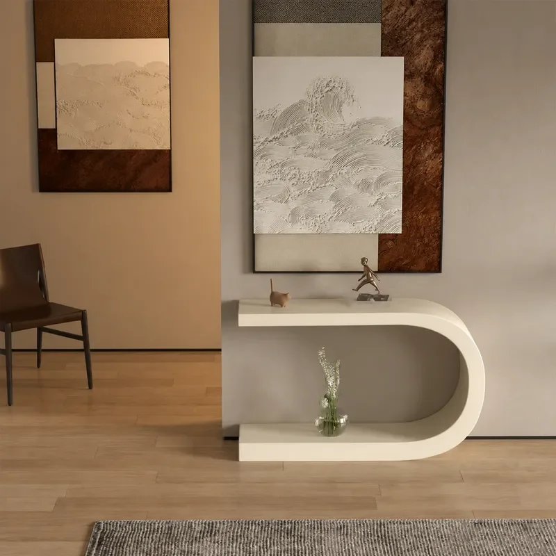 Cream Modern Simple Entrance Table Italian Light Luxury Corridor Console Against Wall Strip End View Platform