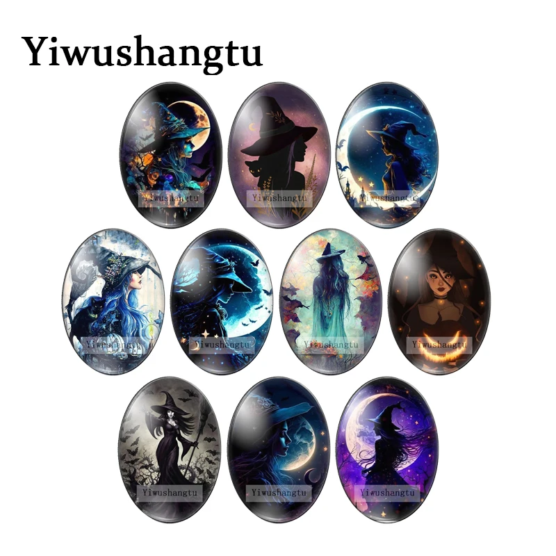 Mystery Halloween Hat Witch Lady Moon Paintings 13x18mm/18x25mm/30x40mm Oval photo glass cabochon demo flat back Making findings