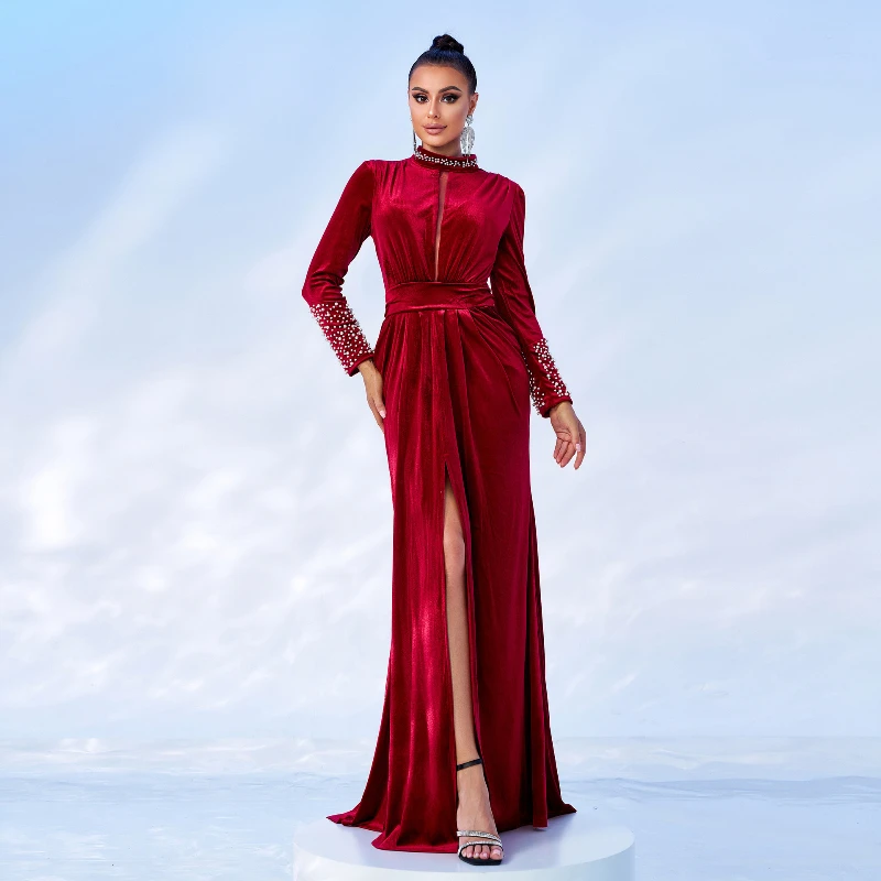 Vestido europeo de terciopelo rojo vino con diamantes de imitación bordados elegantes para primavera y otoño para mujer, vestidos largos de terciopelo ajustados de cintura alta para mujer