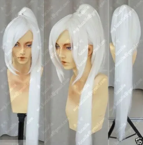 Wholesale Popular new Long white Cosplay Straight Wig + one clip on Ponytails