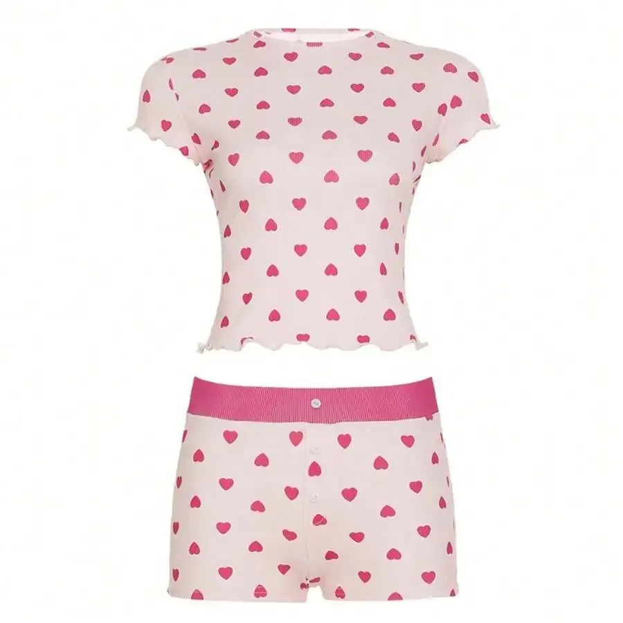 Womens Heart Print Pajama Set Short Sleeve Top And Button Shorts Spring Summer
