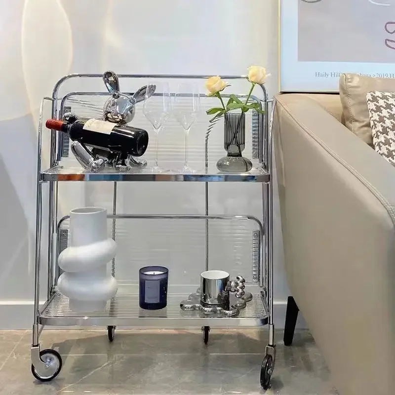 Medieval Style Cart Movable Folding  Wine Cart Transparent Glass Storage Trolley Wheel Kitchen Sofa Side Table