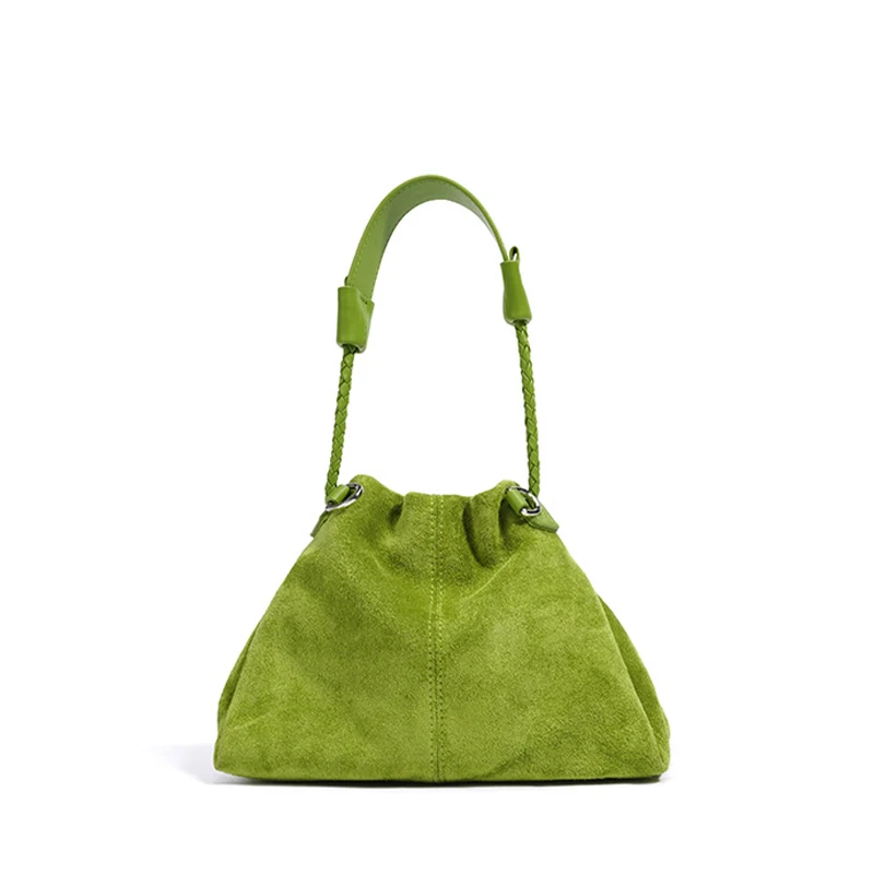Designer-Umhängetasche aus Rindsleder und Wildleder, Glückshandtasche aus echtem Leder mit Kordelzug, lässige Cloud-Plissee-Umhängetasche für Damen – Detail 6