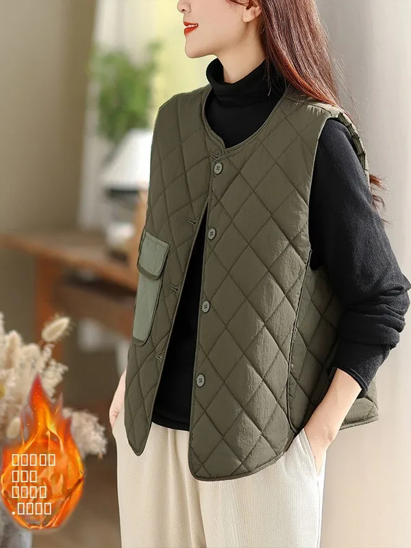 

Women's Casual Lightweight down Cotton Vest Svel Coat Thiened Polyester Fiber round Ne Single Button Closure