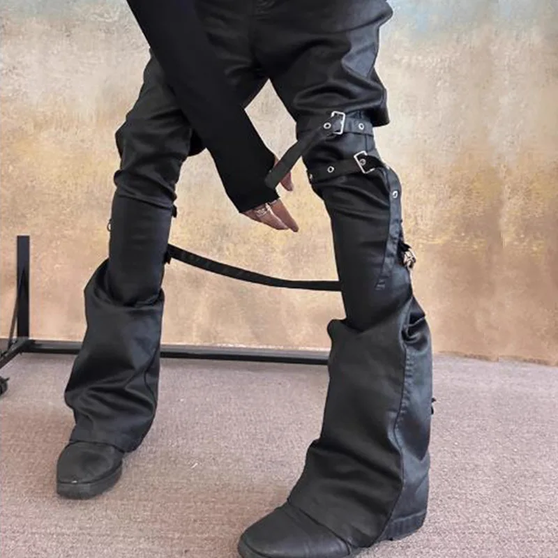 MWJLPWQ Vibe Lace-Up Tape Coated Denim Waxed Pants Men's Fashion Metal Buckle Flared Punk Style Trousers 2026 Autumn New 21485