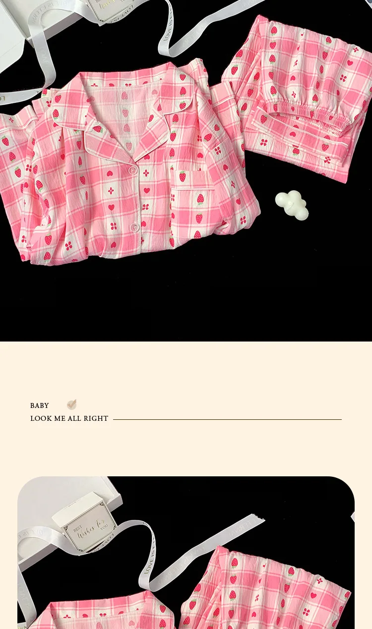 Erdbeer-Pyjama für Damen, langärmelig, Loungewear, Nachtwäsche in Übergröße, Damen-Nachtwäsche, kariertes, gestreiftes, herzförmiges Muster – Detail 6