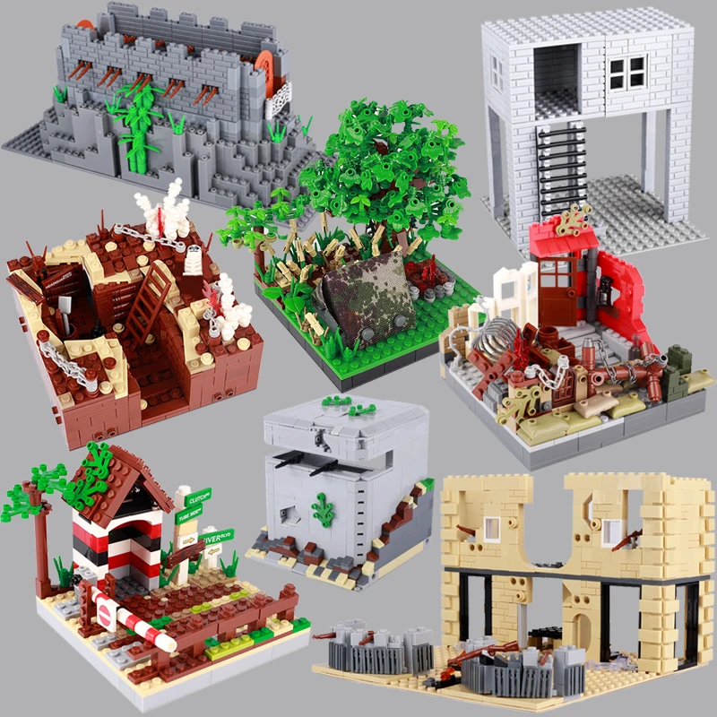 WW2 Military Base Fortress Battlefield Building Blocks Bunker Ruins Watchtower Army Soldier Figures Weapon Parts Bricks Kids Toy