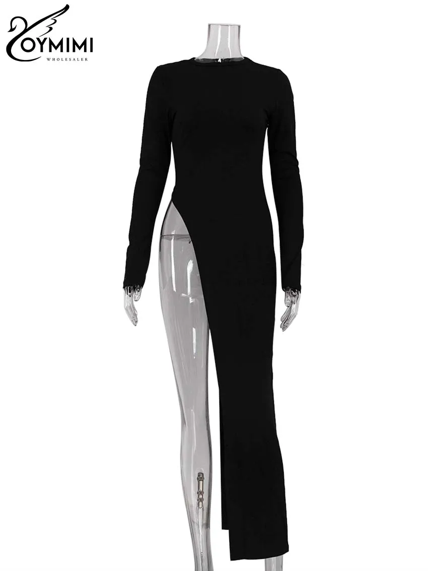 Oymimi Elegant Black Slim Women\'s Dress Fashion O-Neck Long Sleeve Solid Simple Dresses Spring New Irregular Floor-Length Dress