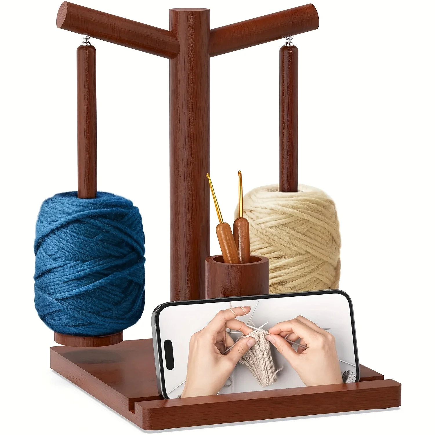 

Magnetic Yarn Holder - 1 Rotating Yarn Winder and Phone Holder with 2 Axles - Wooden Magnetic Spinning Wheel Knitting