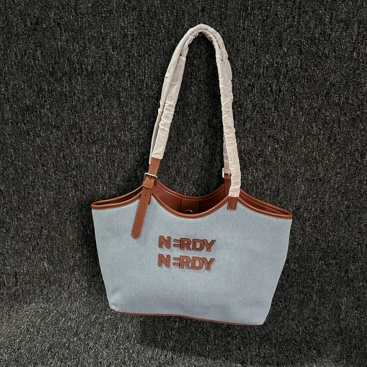 NERDY Denim Mix Tote Bag Leather Trim 2Way Shoulder Handbag Large Capacity Commute