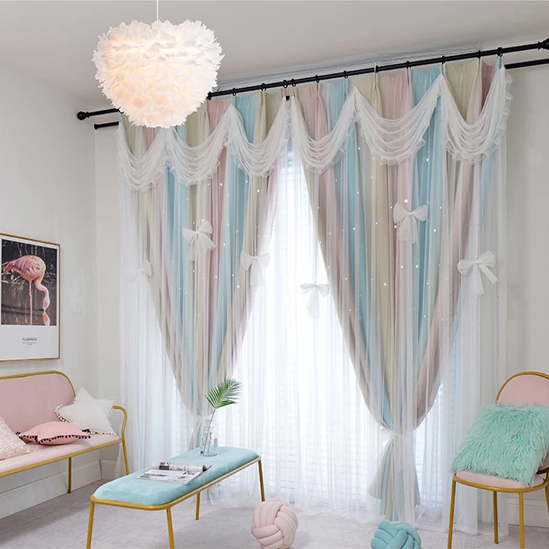 

Princess Blackout Curtains with Valance 2 Layers Korean Full Shading Cortinas Cloth Curtains for Girl's Bedroom