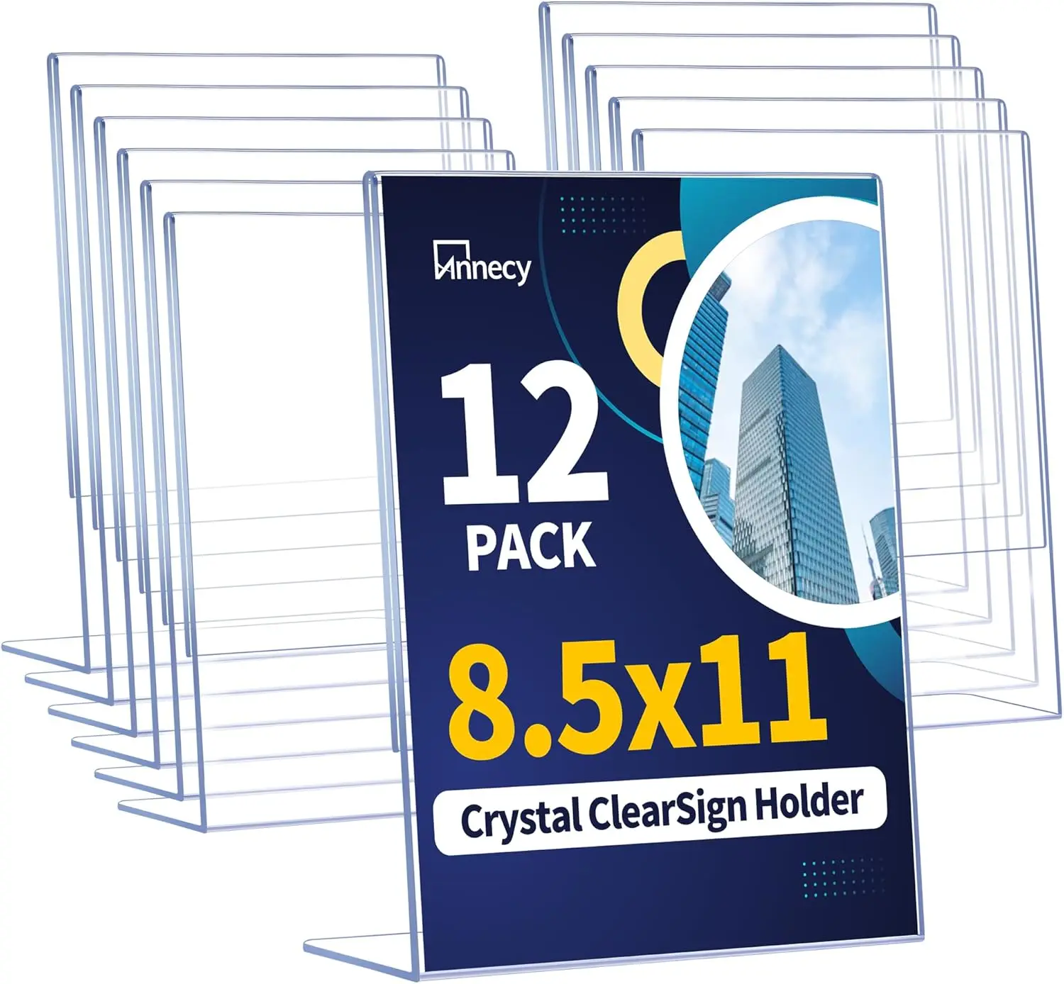 

Clear Plastic Sign Holder 8.5x11, 12 Pack, L Shape Double-Sided Display Stand, Slanted Back for Easy Reading, Ideal for Office