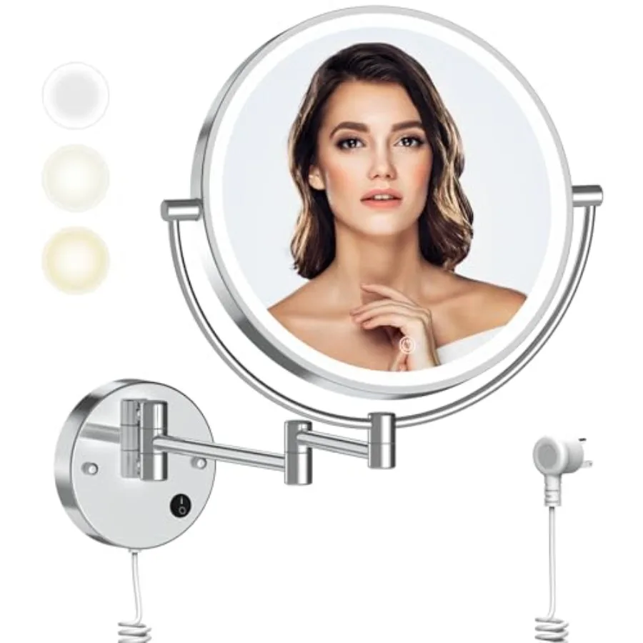 

9" Plug-in Wall Mounted Lighted Makeup Mirror 1X/10X Magnification, Super Large Double Sided LED Vanity Mirror for Bathroom, 3